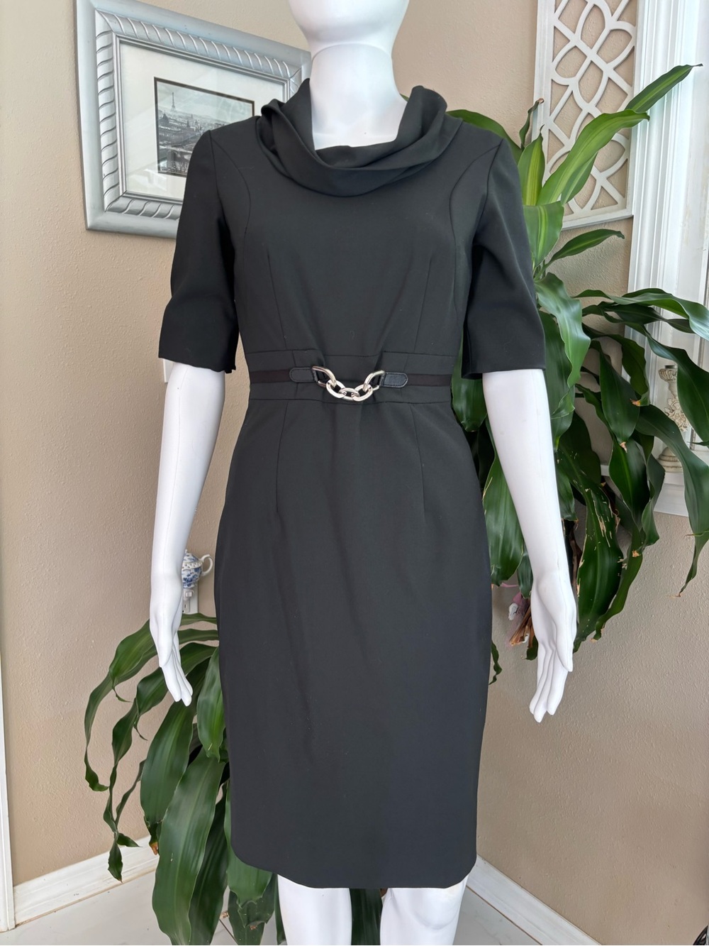 ANTONIO MELANI Black Cowl-Neck Sheath Dress with Chain Accent